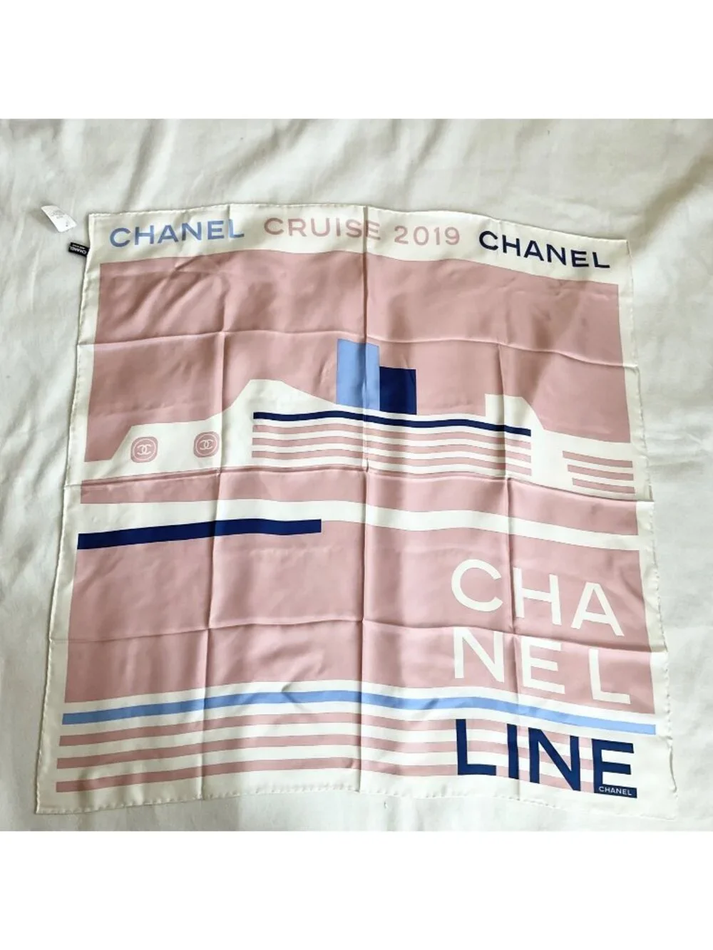 NWT NO BOX CHANNEL pink blue white ship boat cruise silk square scarf